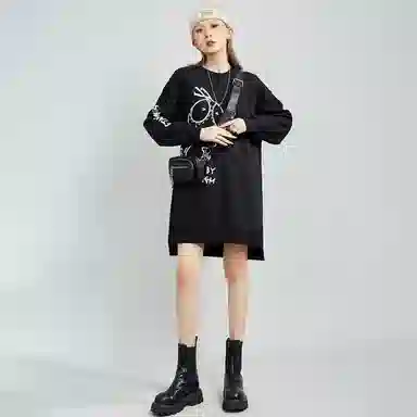 木果果木 不规则开叉设计印花圆领长袖连衣裙 女款