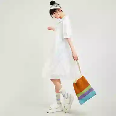 木果果木 纯色宽松套头中长款短袖连衣裙 女款