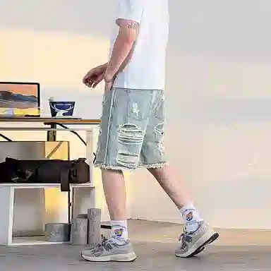 捷帕 美式复古做旧乞丐破洞毛边五分裤高街潮牌痞帅弯刀水洗宽松中腰户外运动通勤休闲百搭牛仔短裤 男女同款