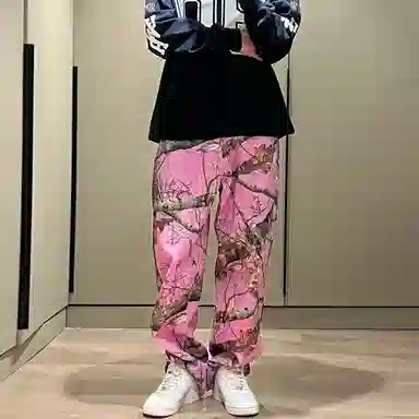 寻星记 美式高街粉色树枝涂鸦印花宽松直筒长裤牛仔裤 男女同款