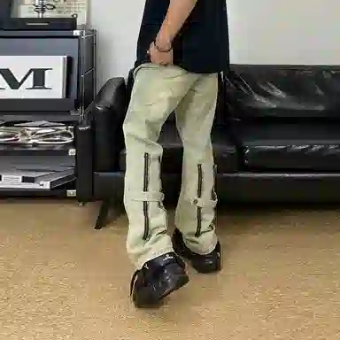 捷帕 美式高街潮牌复古做旧裤脚拉链装饰设计纯色简约基础款休闲通勤日常百搭中腰直筒牛仔裤 男女同款