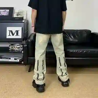 捷帕 美式高街潮牌复古做旧裤脚拉链装饰设计纯色简约基础款休闲通勤日常百搭中腰直筒牛仔裤 男女同款