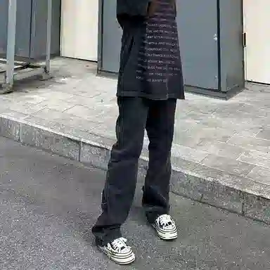 捷帕 美式高街潮牌复古做旧裤脚拉链装饰设计纯色简约基础款休闲通勤日常百搭中腰直筒牛仔裤 男女同款