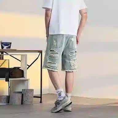 捷帕 美式复古做旧乞丐破洞毛边五分裤高街潮牌痞帅弯刀水洗宽松中腰户外运动通勤休闲百搭牛仔短裤 男女同款