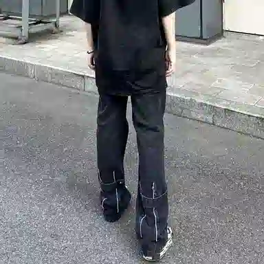 捷帕 美式高街潮牌复古做旧裤脚拉链装饰设计纯色简约基础款休闲通勤日常百搭中腰直筒牛仔裤 男女同款