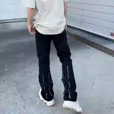 捷帕 美式高街潮牌复古做旧裤脚拉链装饰设计纯色简约基础款休闲通勤日常百搭中腰直筒牛仔裤 男女同款