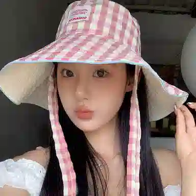 艾佳微 韩版小清新甜美格子系带大檐遮阳帽双面戴百搭防晒帽 棉 渔夫帽 男女同款情侣款
