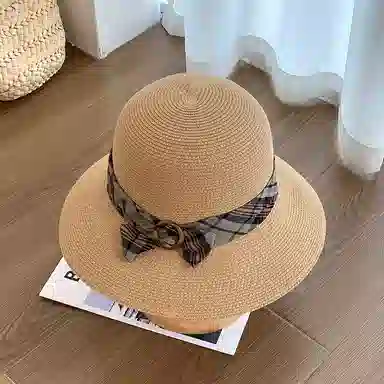 艾佳微 法式赫本风编织草帽优雅小香风高级感盆帽户外沙滩 草纸 渔夫帽 女款