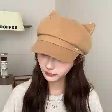 艾佳微 猫耳朵英伦复古日系卡通宽檐显脸小休闲百搭 聚酯纤维 贝雷帽 男女同款情侣款