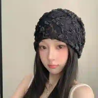 艾佳微 蕾丝立体花朵透气薄款镂空包头帽街头百搭小众套头帽 聚酯纤维 堆堆帽 男女同款情侣款