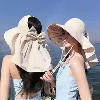 艾佳微 自由度假海边沙滩游玩防晒遮阳大檐披肩时尚蝴蝶结  涤纶 渔夫帽 男女同款情侣款
