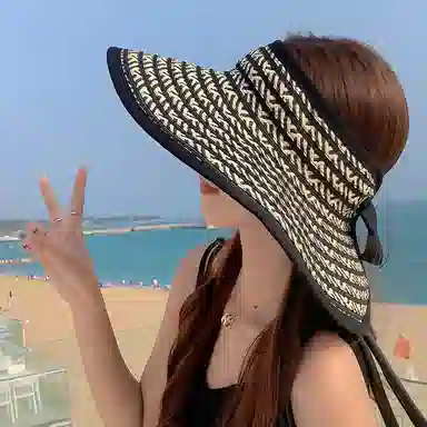 艾佳微 户外海边游玩日常通勤大檐可折叠防晒空顶帽子夏季遮阳帽防紫外线草帽 聚酯纤维 渔夫帽 男女同款情侣款