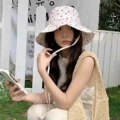 艾佳微 日系甜美文艺爱心系带大帽檐遮阳防晒盆帽显脸小 棉 渔夫帽 女款