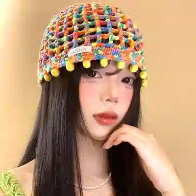 艾佳微 彩色多巴胺串珠吊坠镂空包头帽春夏季薄款民族风显脸小流苏帽子 聚酯纤维 针织帽 男女同款情侣款