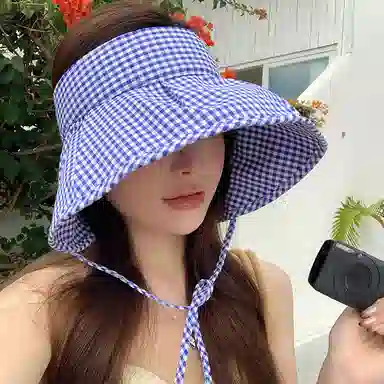 艾佳微 蝴蝶结格子空顶帽夏季大檐海边度假太阳帽防紫外线防晒 棉 渔夫帽 男女同款情侣款