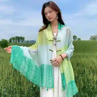 艾佳微 旅游民族风 手工复古盘扣 出片百搭沙滩巾 披肩 男女同款情侣款