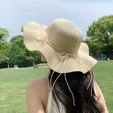 艾佳微 海边度假草帽草编大帽檐防晒帽可折叠蝴蝶结遮阳沙滩帽#好运 聚酯纤维 渔夫帽 男女同款情侣款