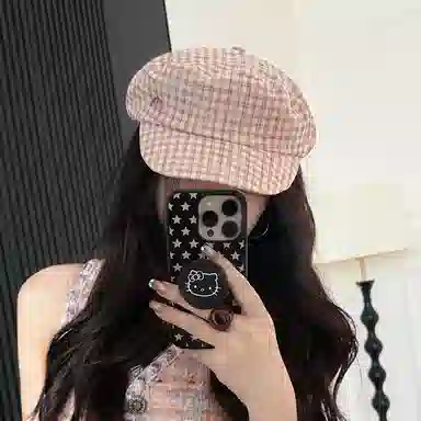 艾佳微 海军风小众格纹金属小标文艺显白春夏遮阳时髦优雅显脸小 棉 贝雷帽 男女同款情侣款