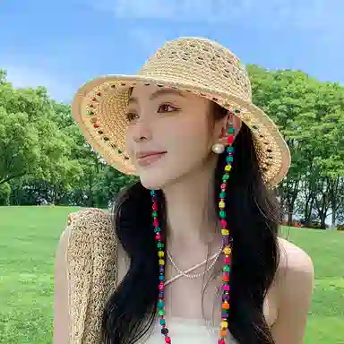 艾佳微 活泼彩色木珠多巴胺编织海边拍照 涤纶 渔夫帽 男女同款情侣款