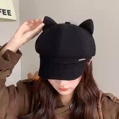 艾佳微 猫耳朵英伦复古日系卡通宽檐显脸小休闲百搭 聚酯纤维 贝雷帽 男女同款情侣款
