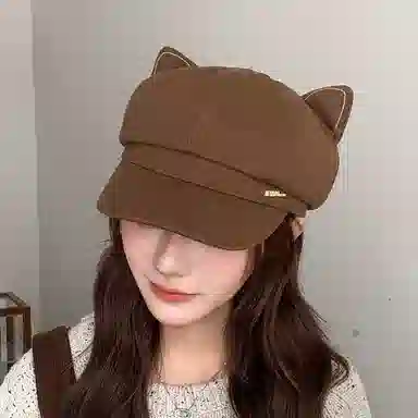 艾佳微 猫耳朵英伦复古日系卡通宽檐显脸小休闲百搭 聚酯纤维 贝雷帽 男女同款情侣款
