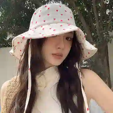 艾佳微 日系甜美文艺爱心系带大帽檐遮阳防晒盆帽显脸小 棉 渔夫帽 女款