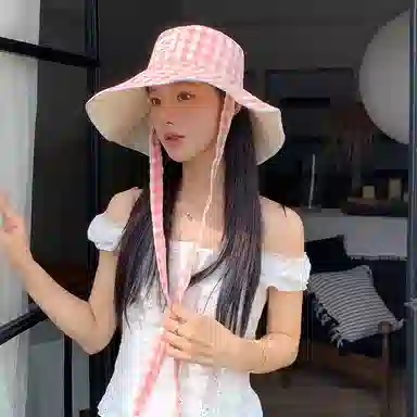 艾佳微 韩版小清新甜美格子系带大檐遮阳帽双面戴百搭防晒帽 棉 渔夫帽 男女同款情侣款