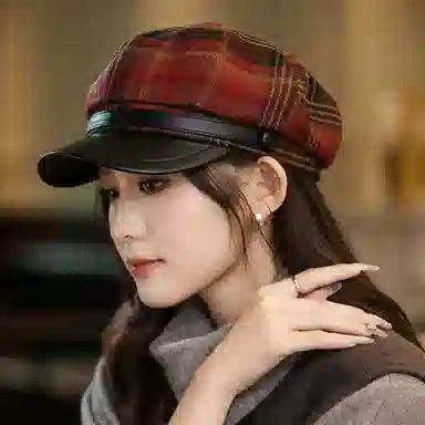 艾佳微 小香风高级感格子纹英伦风八角帽气质百搭 呢料 贝雷帽 男女同款情侣款