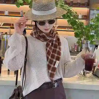 艾佳微 美拉德配色暖色调格子高级感小披肩外搭护颈围巾系领巾护脖 聚酯纤维 丝巾 男女同款情侣款