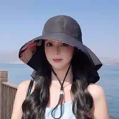 艾佳微 自由度假海边沙滩游玩防晒遮阳大檐披肩时尚蝴蝶结  涤纶 渔夫帽 男女同款情侣款