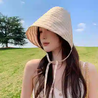 艾佳微 法式条纹户外出游防晒帽高级感大帽檐显脸小遮阳帽 聚酯纤维 渔夫帽 男女同款情侣款