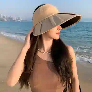 艾佳微 夏季时尚百褶大檐防紫外线遮阳可叠卷空顶半空顶 聚酯纤维 防晒帽 男女同款情侣款