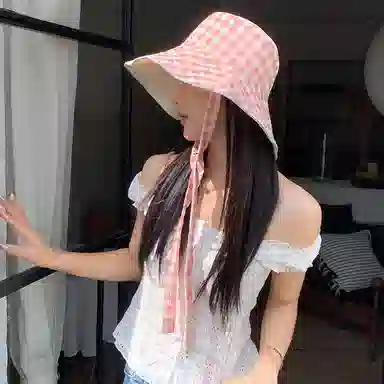 艾佳微 韩版小清新甜美格子系带大檐遮阳帽双面戴百搭防晒帽 棉 渔夫帽 男女同款情侣款