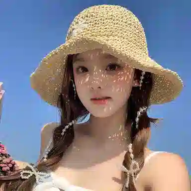 艾佳微 珍珠蝴蝶结小清新花朵遮阳海边沙滩防晒太阳 草编 渔夫帽 女款