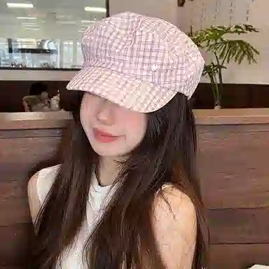 艾佳微 海军风小众格纹金属小标文艺显白春夏遮阳时髦优雅显脸小 棉 贝雷帽 男女同款情侣款