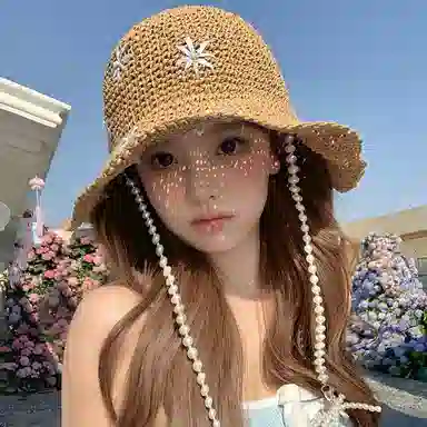 艾佳微 珍珠蝴蝶结小清新花朵遮阳海边沙滩防晒太阳 草编 渔夫帽 女款