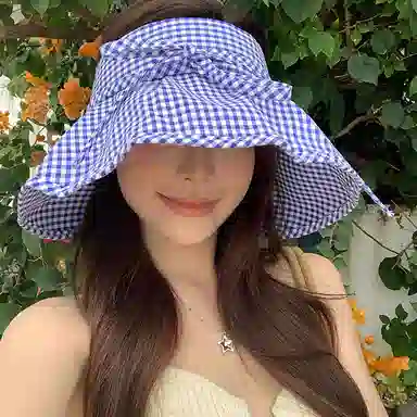 艾佳微 蝴蝶结格子空顶帽夏季大檐海边度假太阳帽防紫外线防晒 棉 渔夫帽 男女同款情侣款