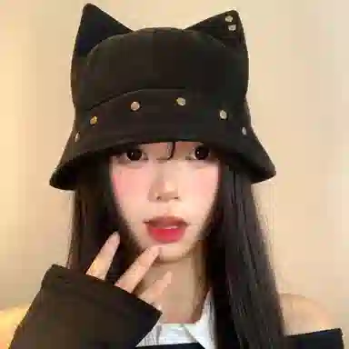 艾佳微 可爱立体猫耳朵铆钉渔夫帽百搭显脸小盆帽显脸小子 棉 帽子 男女同款情侣款