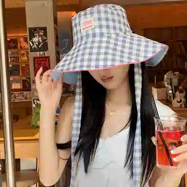 艾佳微 韩版小清新甜美格子系带大檐遮阳帽双面戴百搭防晒帽 棉 渔夫帽 男女同款情侣款