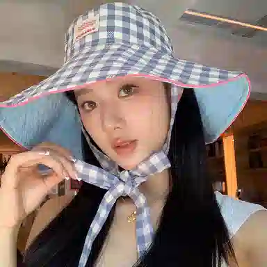 艾佳微 韩版小清新甜美格子系带大檐遮阳帽双面戴百搭防晒帽 棉 渔夫帽 男女同款情侣款