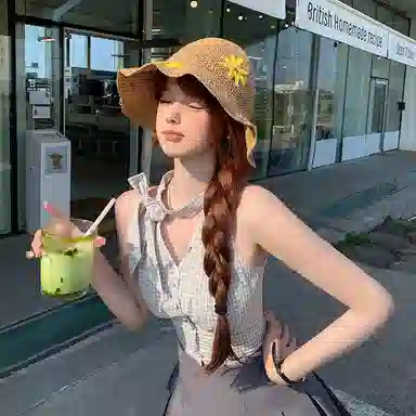 艾佳微 夏季大帽檐小雏菊遮阳防晒草帽海边度假沙滩透气凉帽 草编 渔夫帽 女款