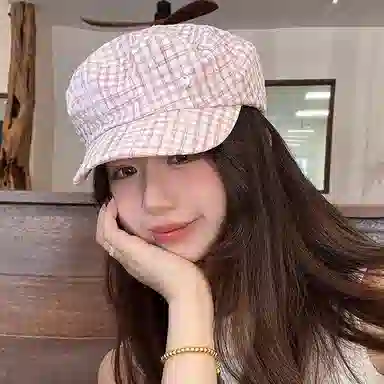 艾佳微 海军风小众格纹金属小标文艺显白春夏遮阳时髦优雅显脸小 棉 贝雷帽 男女同款情侣款