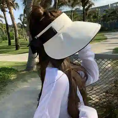 艾佳微 夏季防紫外线空顶时尚甜酷蝴蝶结户外大檐遮脸防风拼色太阳 聚酯纤维 防晒帽 女款