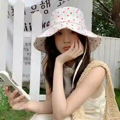 艾佳微 日系甜美文艺爱心系带大帽檐遮阳防晒盆帽显脸小 棉 渔夫帽 女款