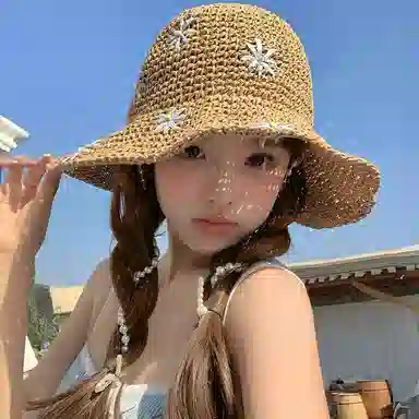 艾佳微 珍珠蝴蝶结小清新花朵遮阳海边沙滩防晒太阳 草编 渔夫帽 女款