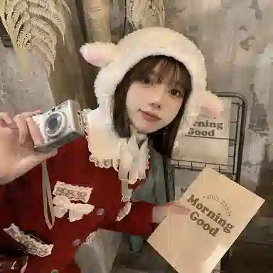 艾佳微 日系可爱毛茸茸腮红小羊帽子秋冬季保暖甜美百搭小熊护耳帽 毛绒 绒线帽 男女同款情侣款