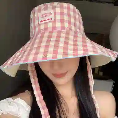 艾佳微 韩版小清新甜美格子系带大檐遮阳帽双面戴百搭防晒帽 棉 渔夫帽 男女同款情侣款