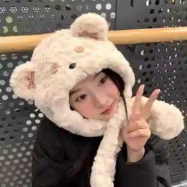 艾佳微 纽扣蝴蝶结暖暖小熊可爱保暖套头帽甜美百搭一体 腈纶 绒线帽 男女同款情侣款