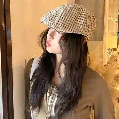 艾佳微 日系英伦风复古格纹显脸 棉 贝雷帽 男女同款情侣款