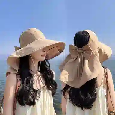 艾佳微 自由度假海边沙滩游玩防晒遮阳大檐披肩时尚蝴蝶结  涤纶 渔夫帽 男女同款情侣款